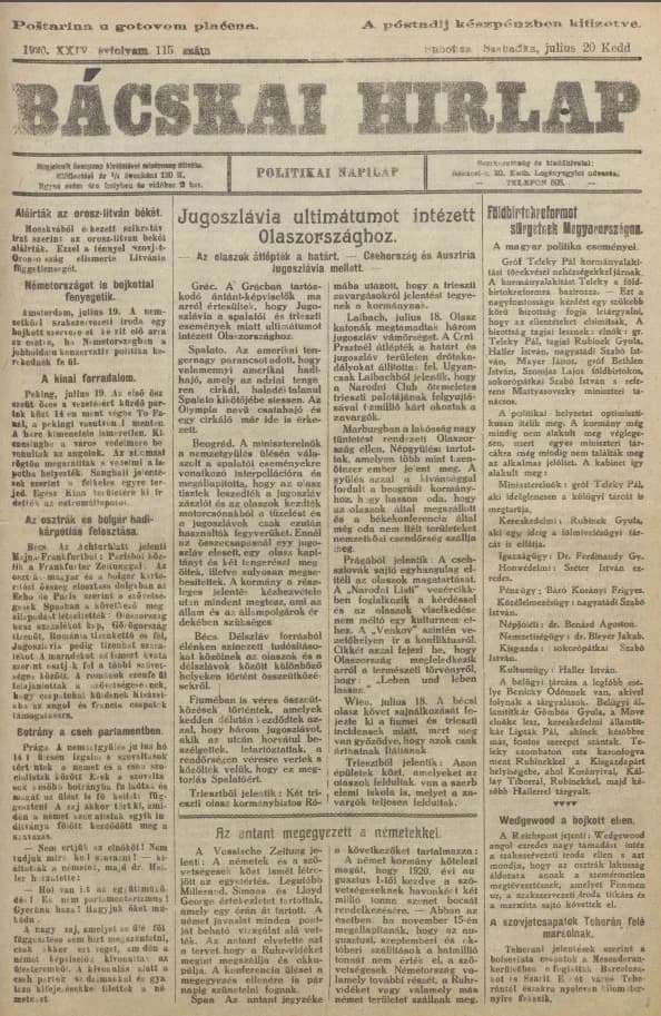 Bácskai Hirlap, 24. évf. 1920. július 20. 115. sz.