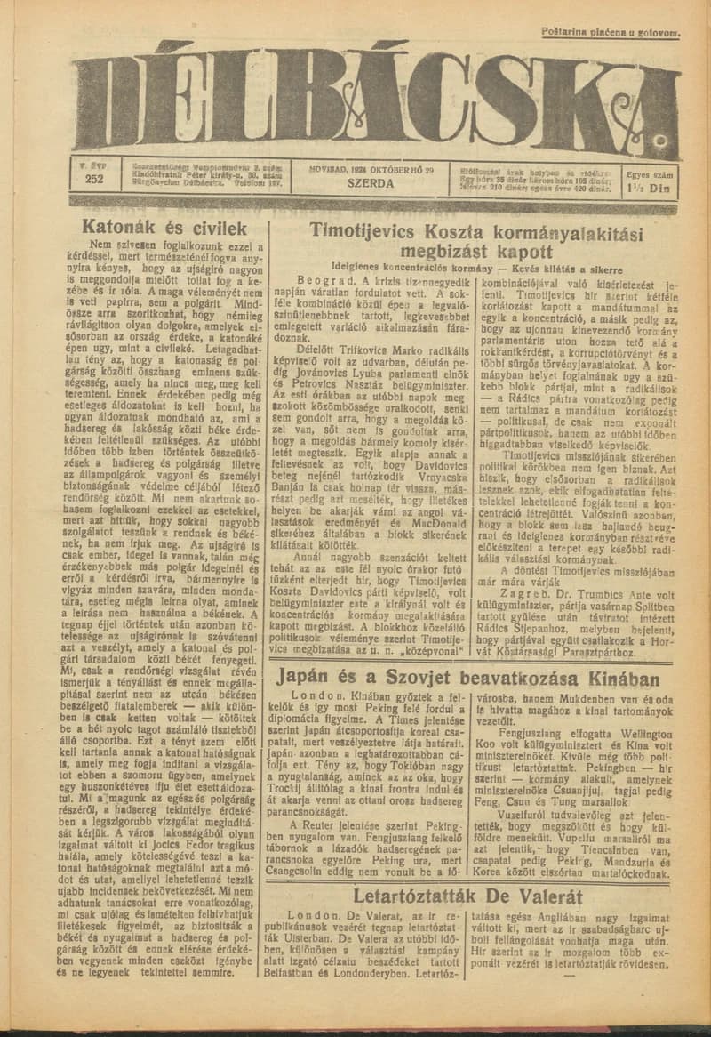 Délbácska, 5. évf. 1924. október 29. 252. sz.