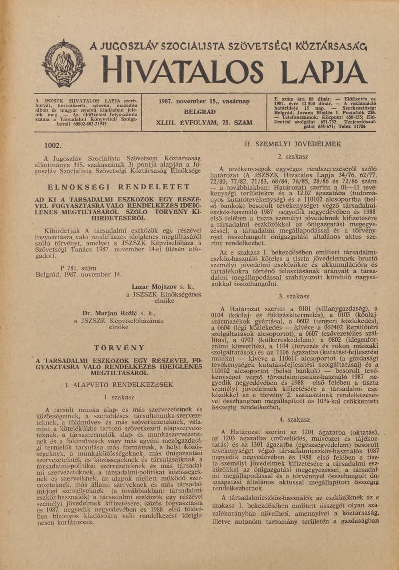 A Jugoszláv Szocialista Szövetségi Köztársaság Hivatalos Lapja, 43. évf. 1987. november 15. 75. sz. 1773–1780. oldal