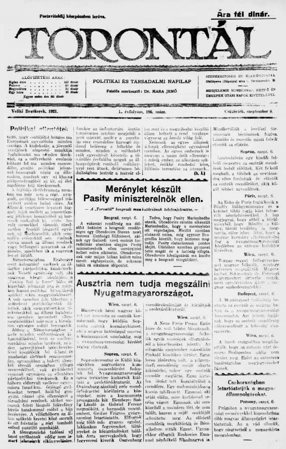 Torontál, 50. évf. 1921. szeptember 8. 196. sz.