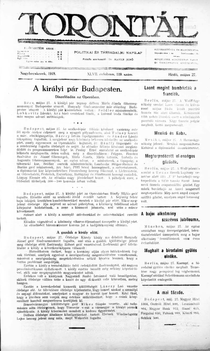 Torontál, 47. évf. 1918. május 27. 119. sz.