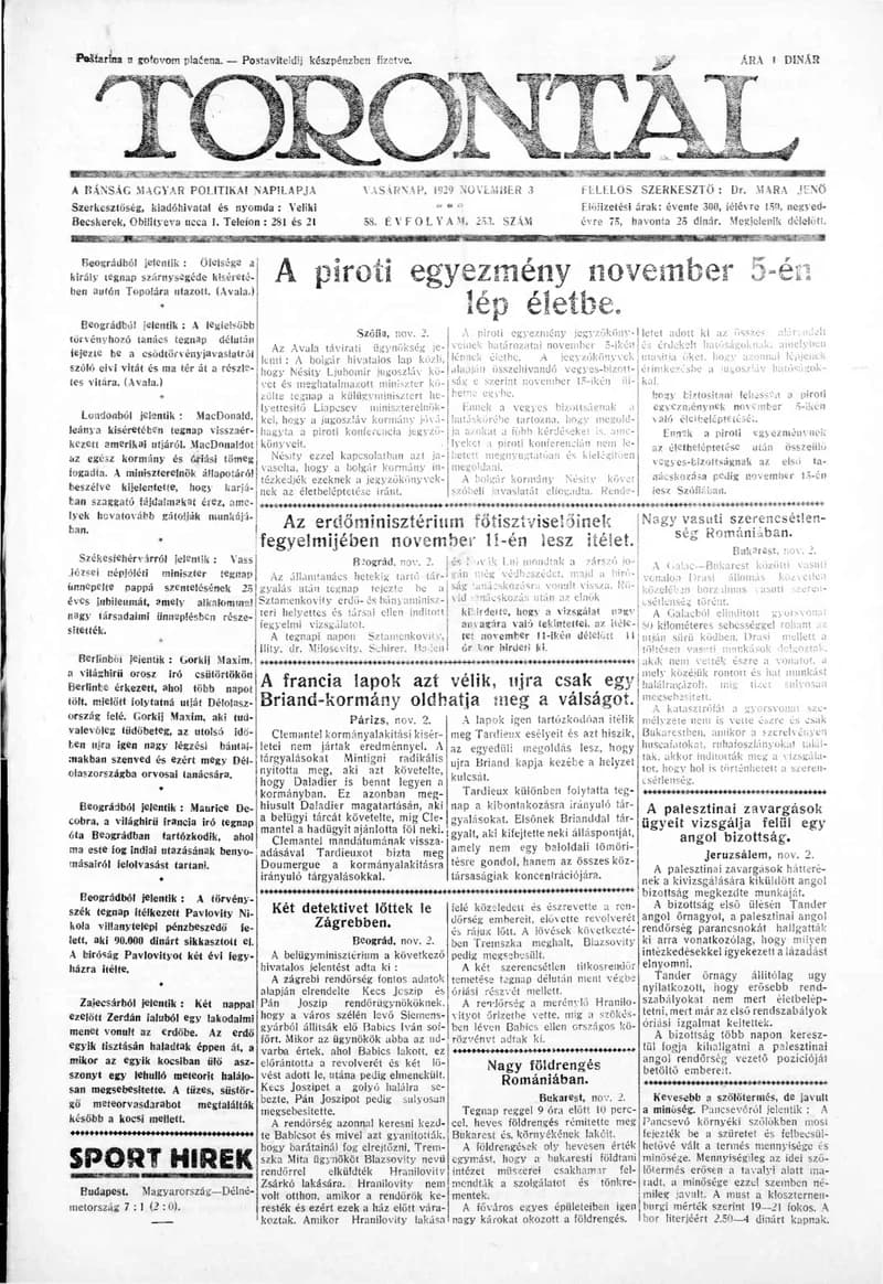 Torontál, 58. évf. 1929. november 3. 253. sz.