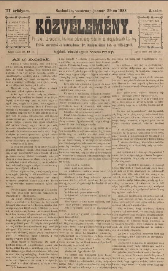 Közvélemény, 3. évf. 1888. január 29. 5. sz.