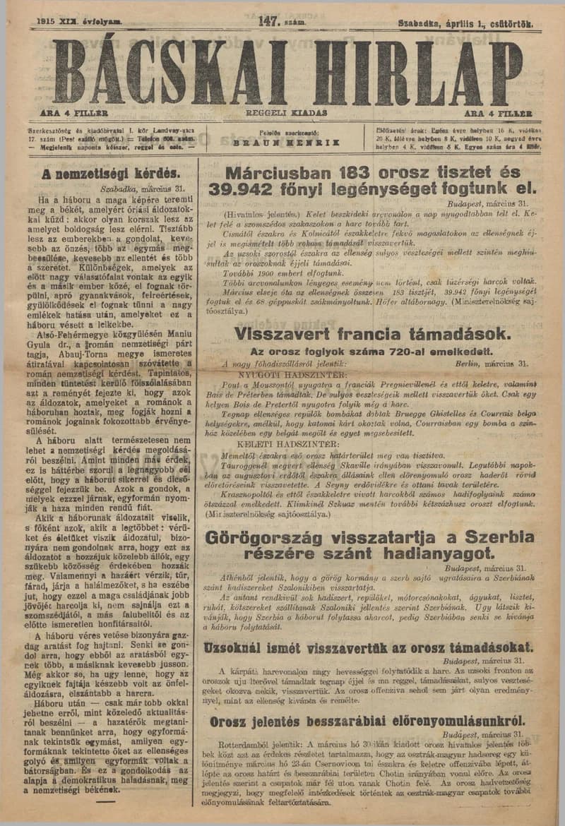 Bácskai Hirlap, 19. évf. 1915. április 1. 147. sz.