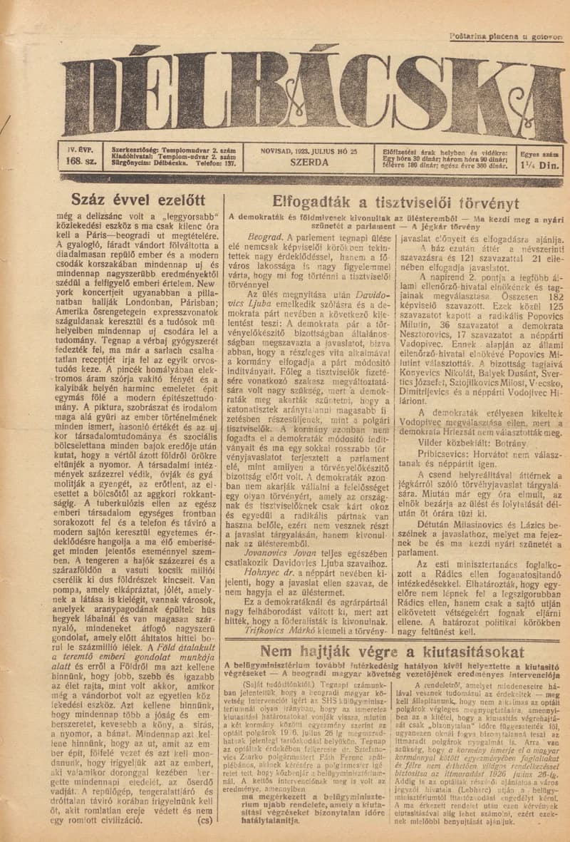 Délbácska, 4. évf. 1923. július 25. 168. sz.