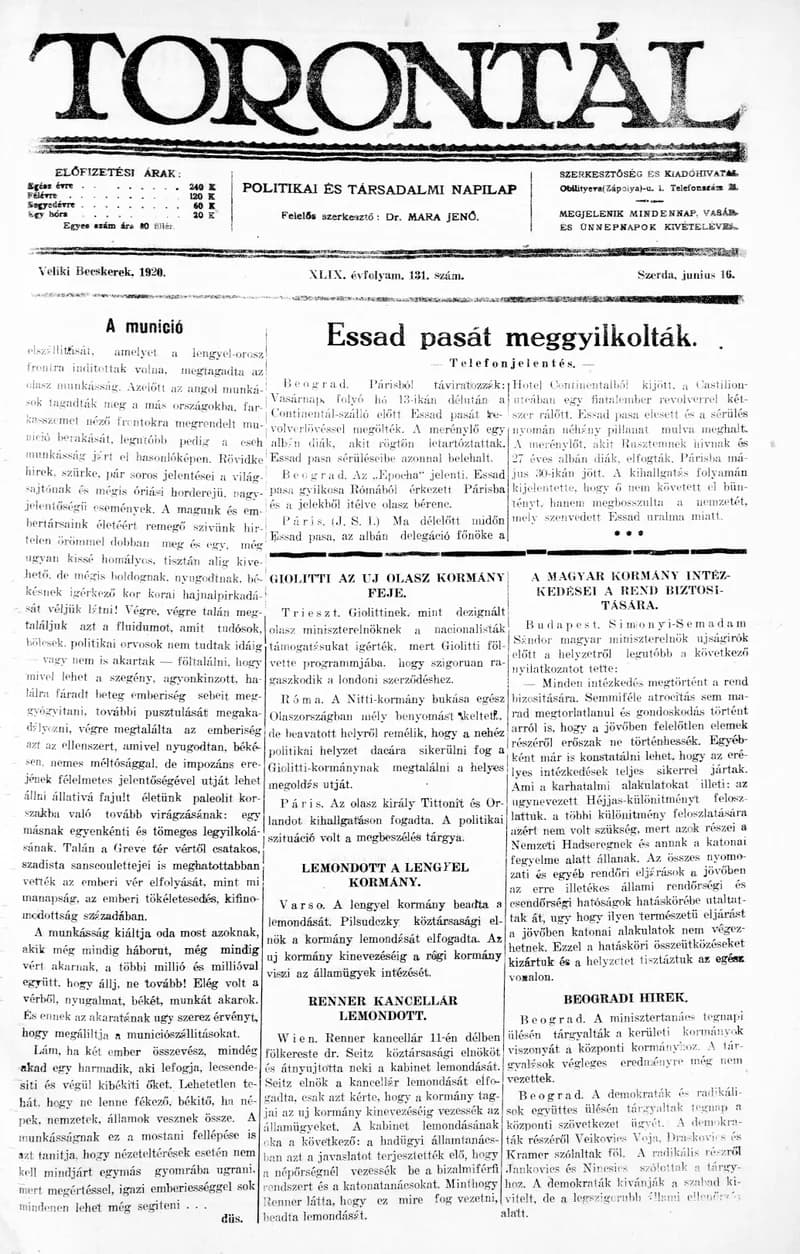Torontál, 49. évf. 1920. június 16. 131. sz.