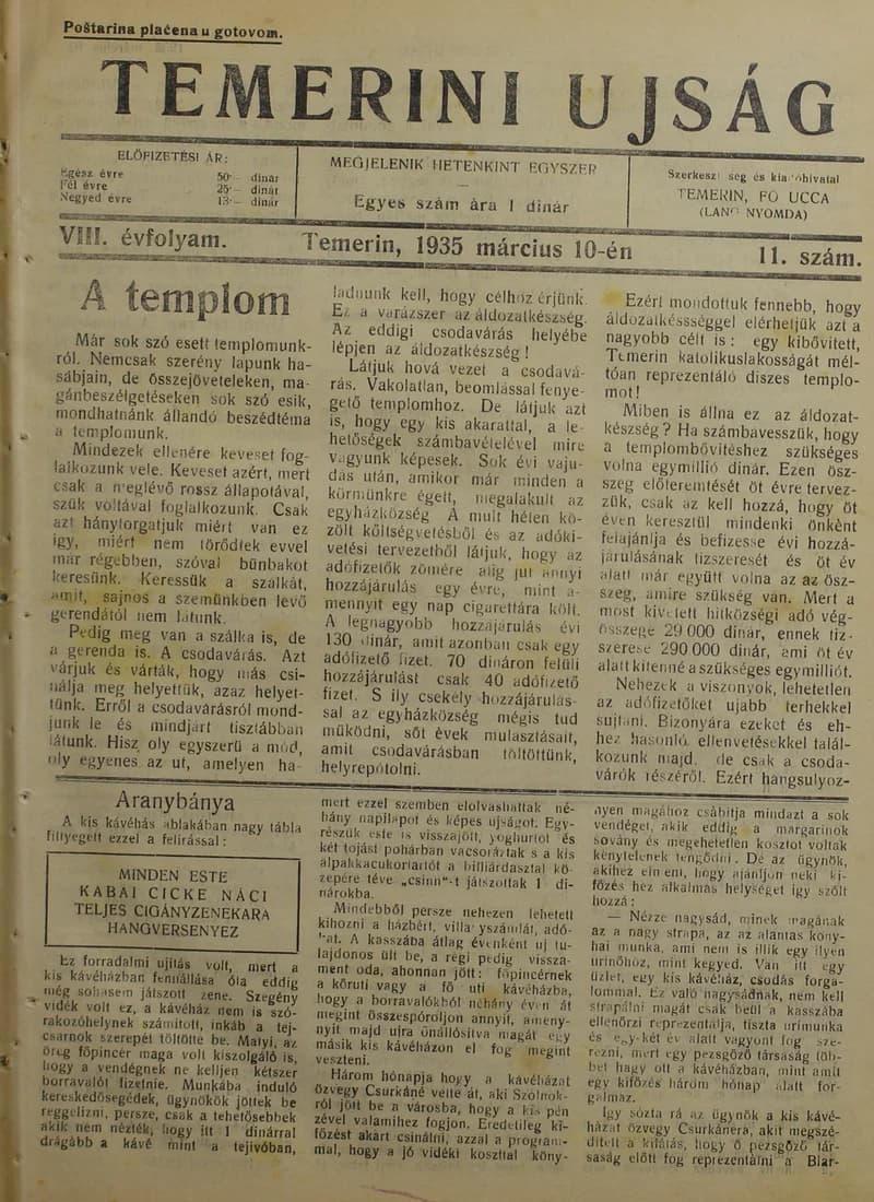 Temerini Újság 1928-1944, 8. évf. 1935. március 10. 11. sz.