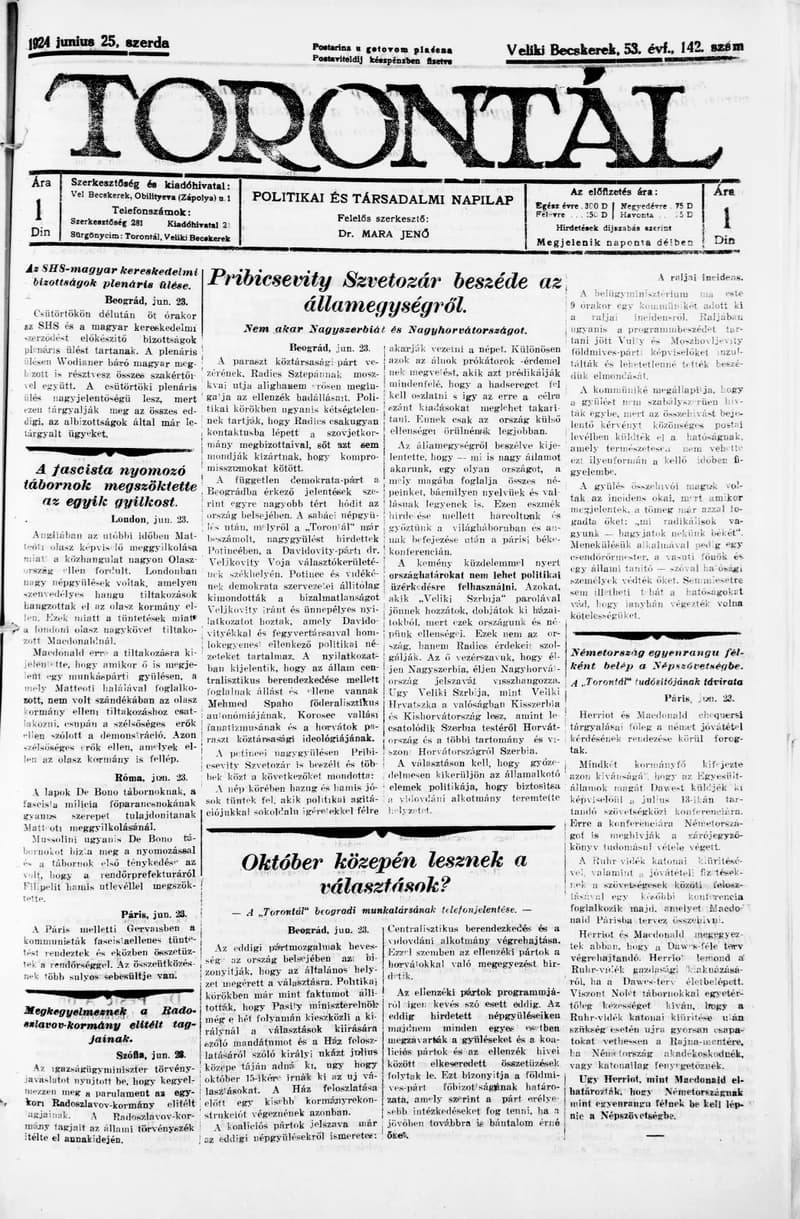 Torontál, 53. évf. 1924. június 25. 142. sz.