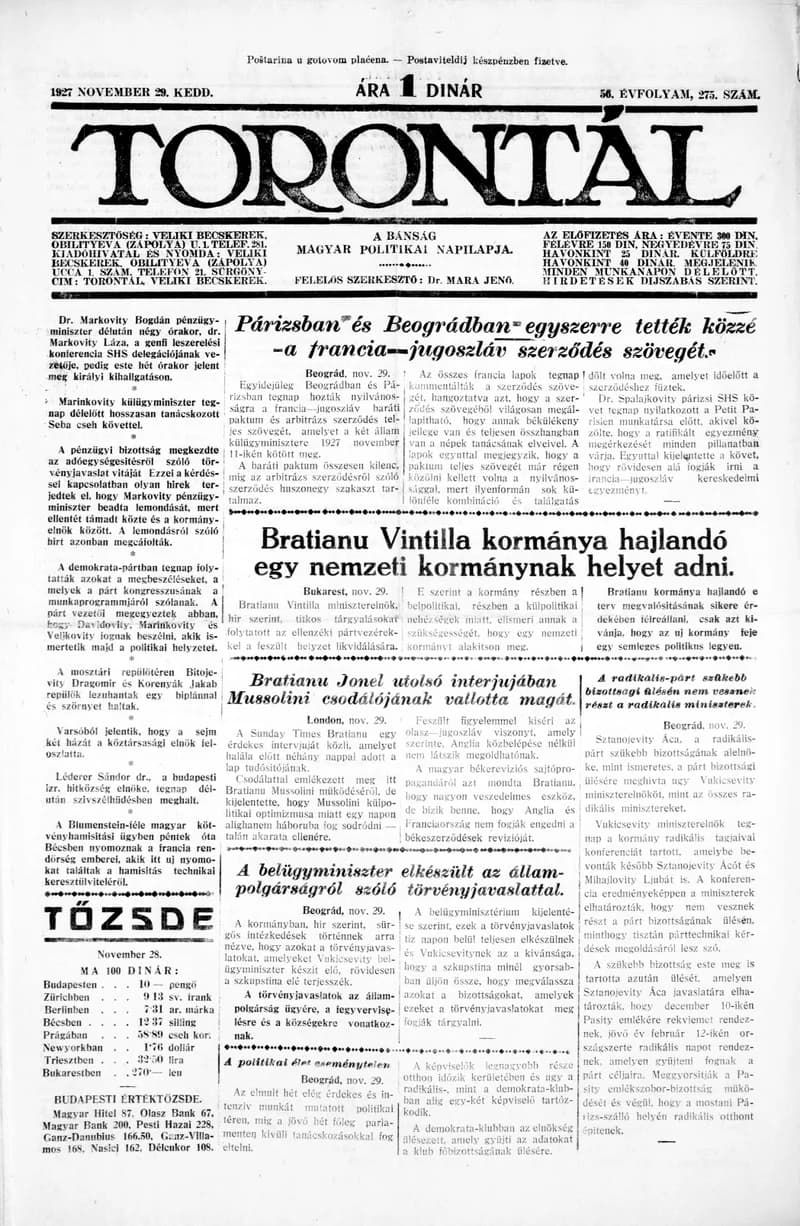 Torontál, 56. évf. 1927. november 29. 275. sz.