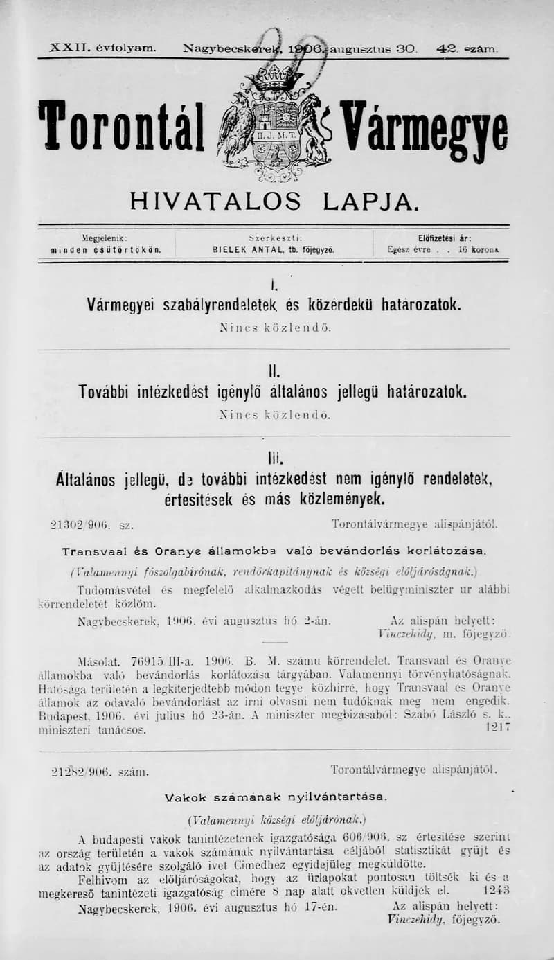 Torontál Vármegye Hivatalos Lapja, 22. évf. 1906. augusztus 30. 42. sz.