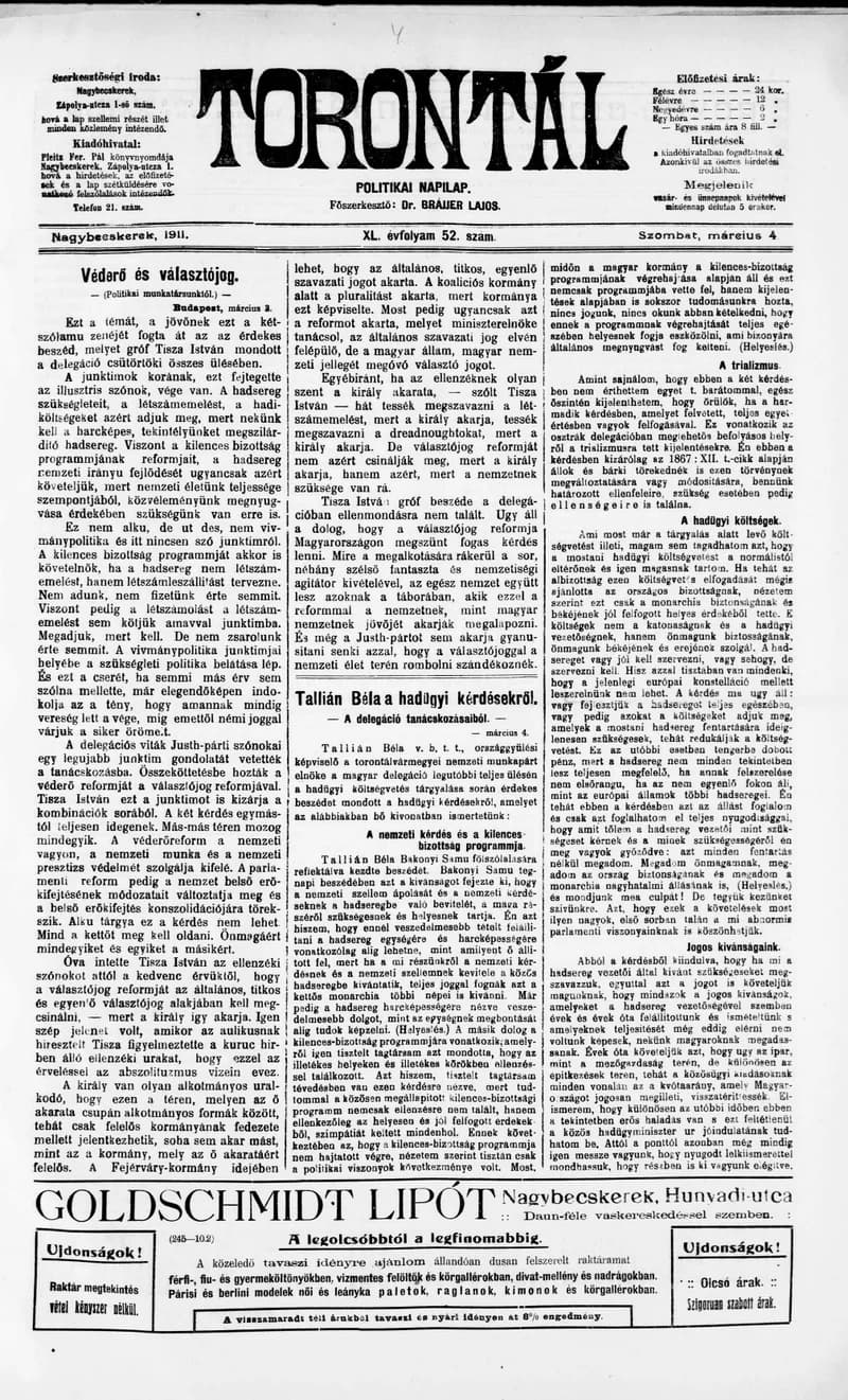 Torontál, 40. évf. 1911. március 4. 52. sz.