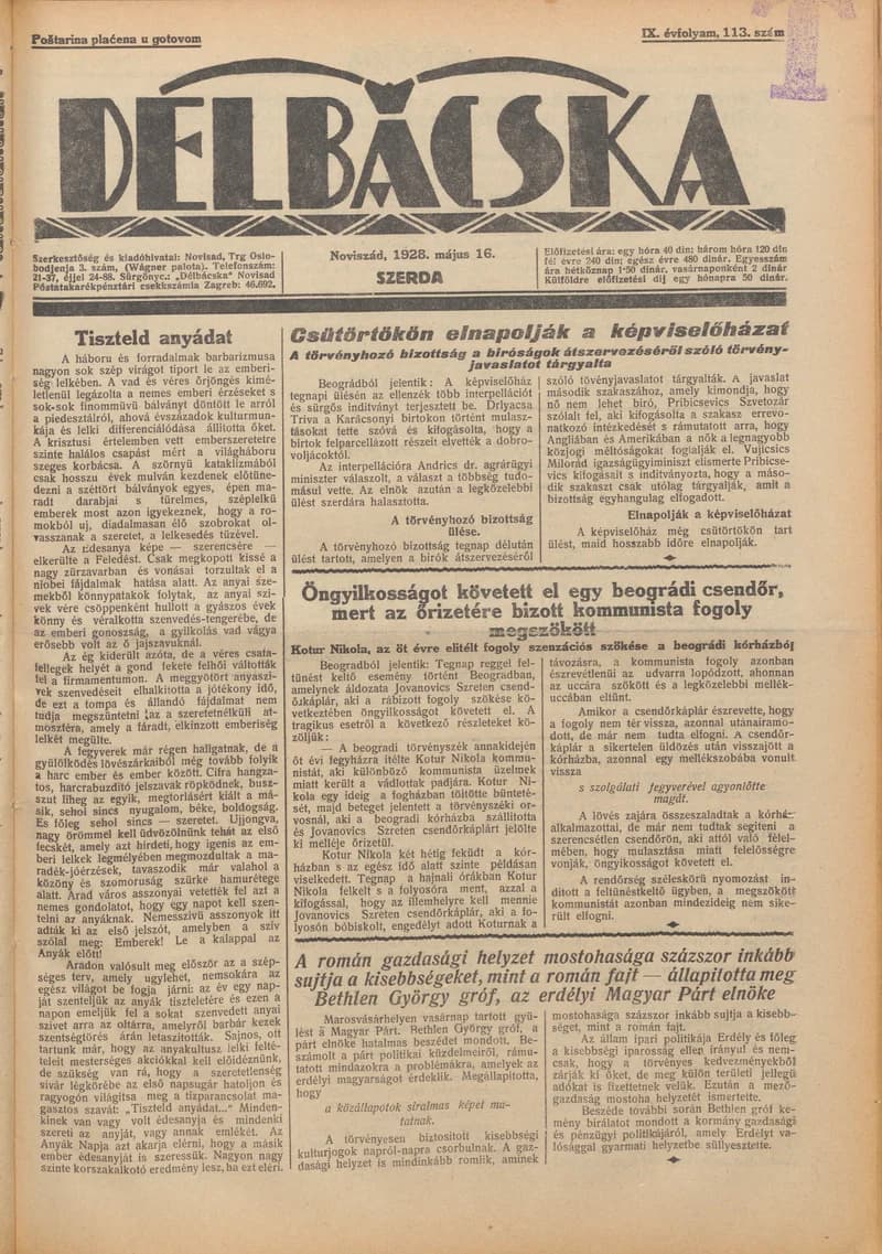 Délbácska, 9. évf. 1928. május 16. 113. sz.