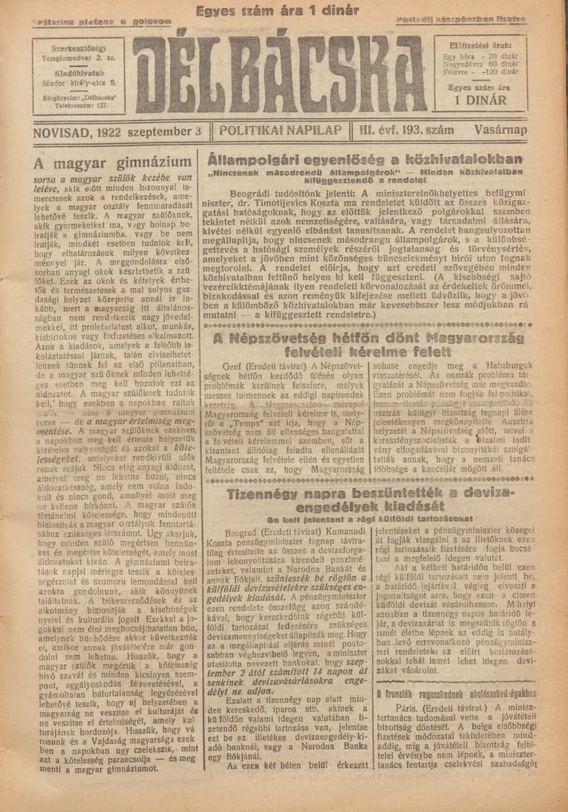 Délbácska, 3. évf. 1922. szeptember 3. 193. sz.