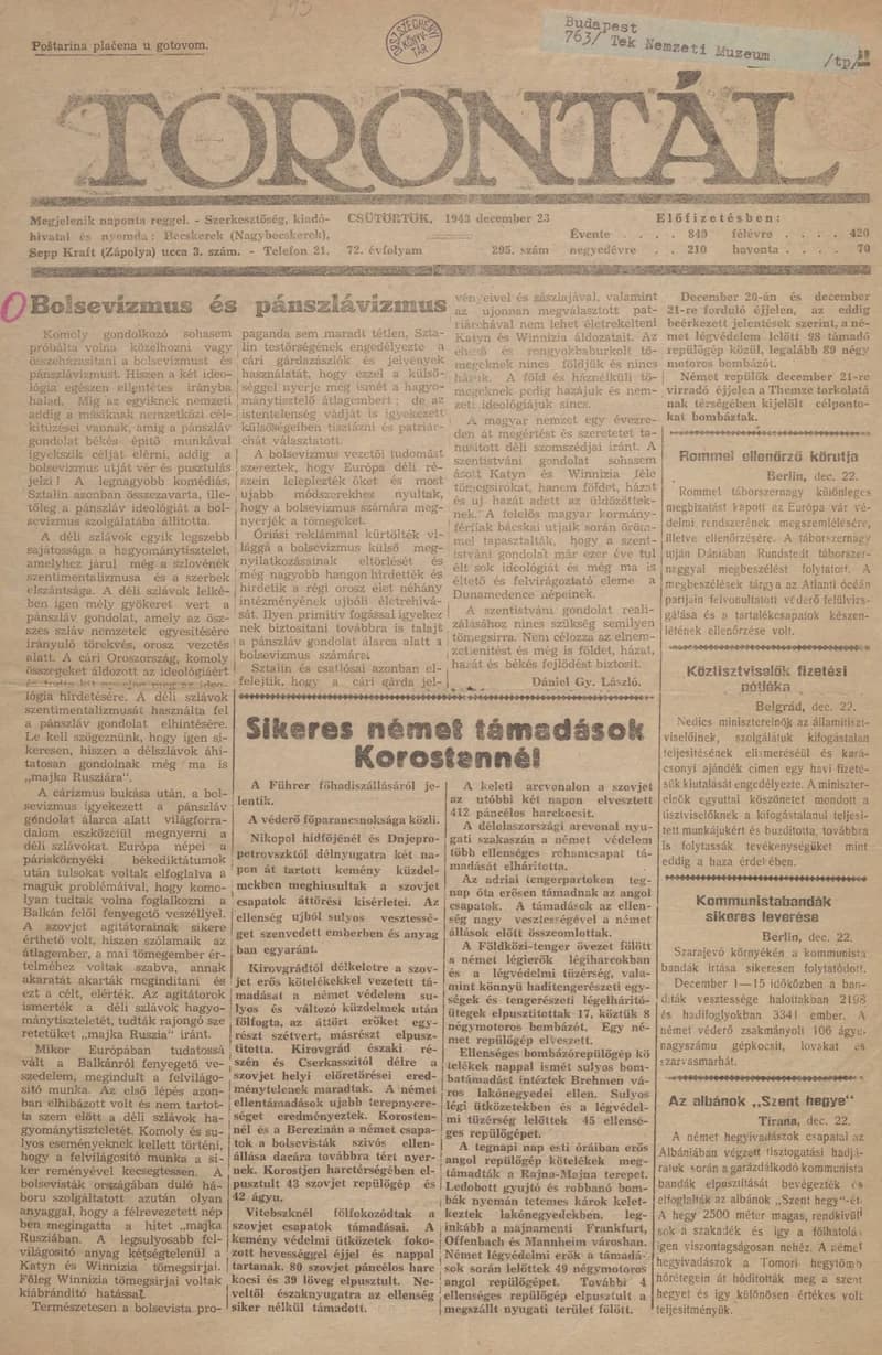 Torontál, 72. évf. 1943. december 23. 295. sz.