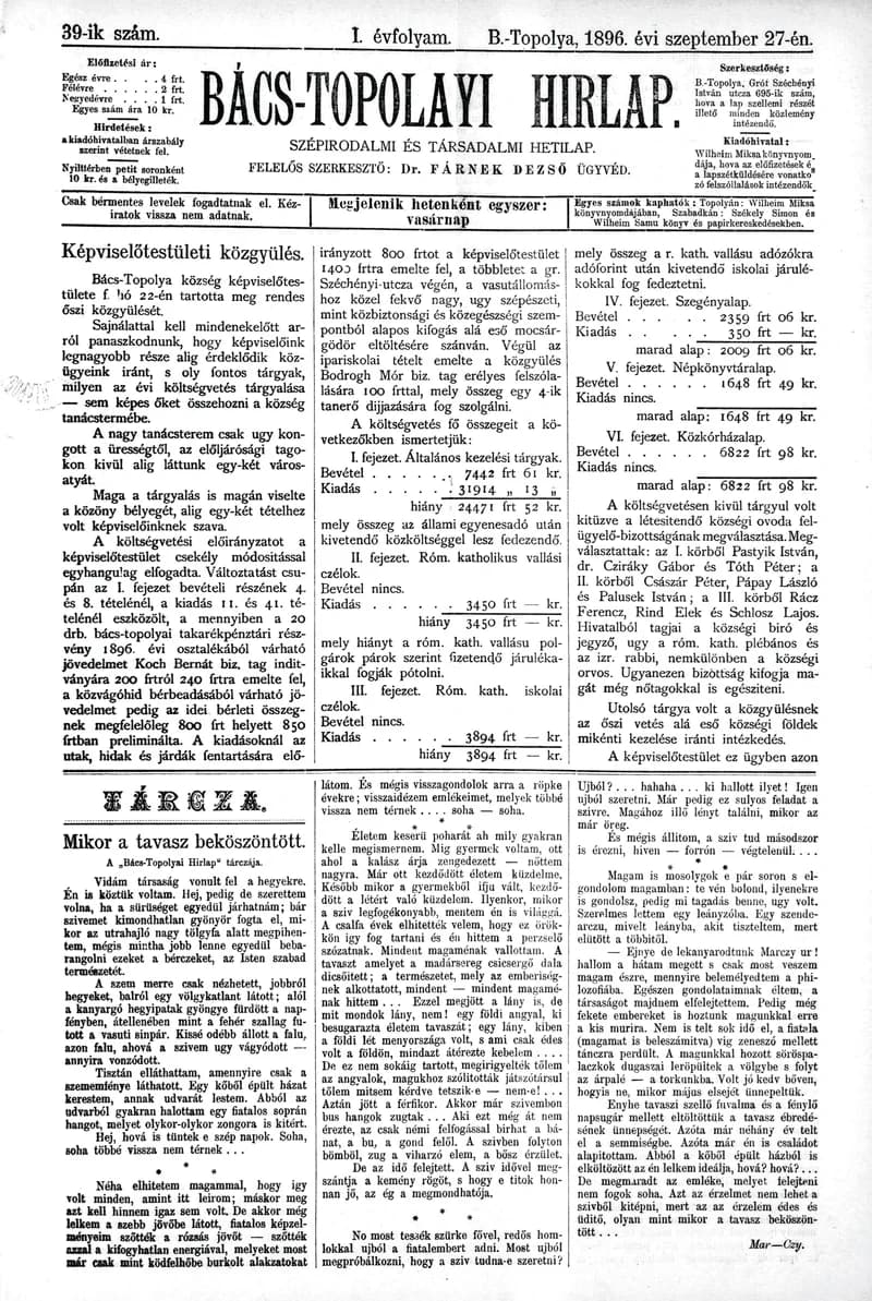 Bács-Topolyai Hirlap, 1. évf. 1896. szeptember 27. 39. sz.