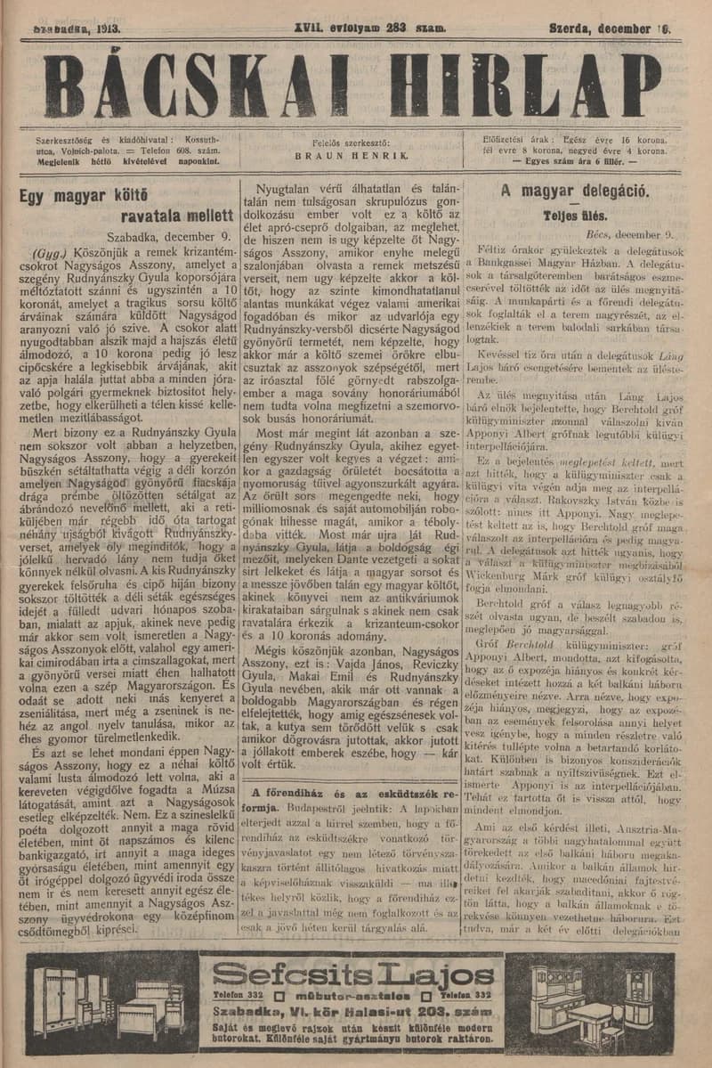 Bácskai Hirlap, 17. évf. 1913. december 10. 283. sz.
