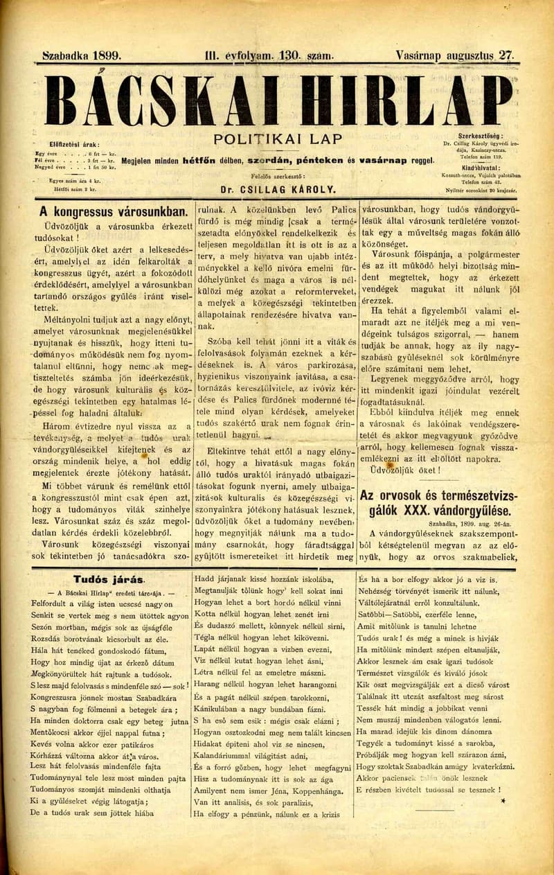 Bácskai Hirlap, 3. évf. 1899. augusztus 27. 130. sz.