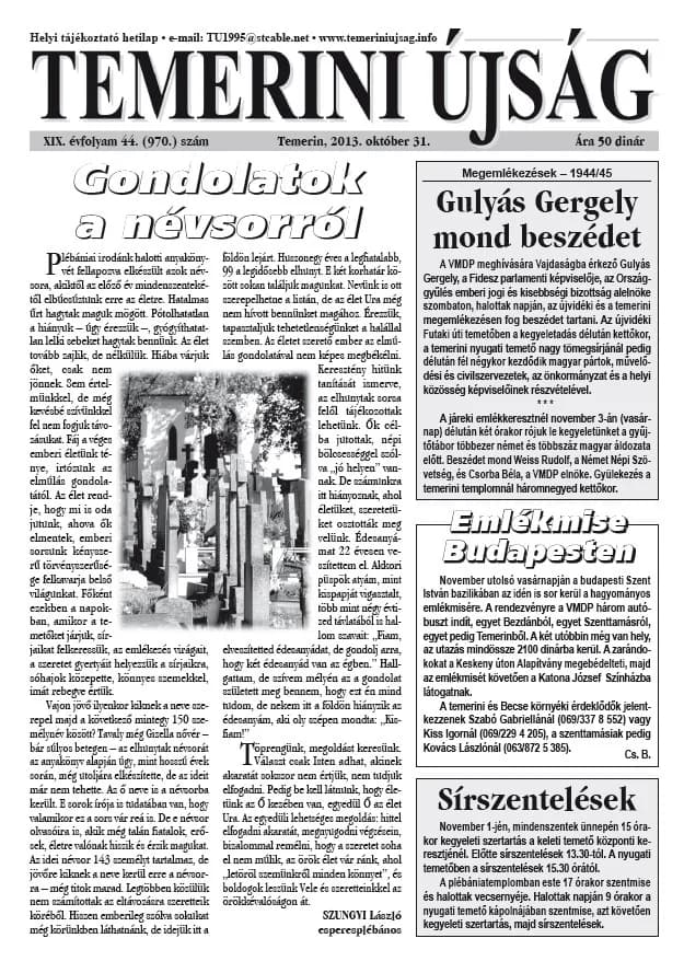 Temerini Újság, 19. évf. 2013. október 31. 44. sz.