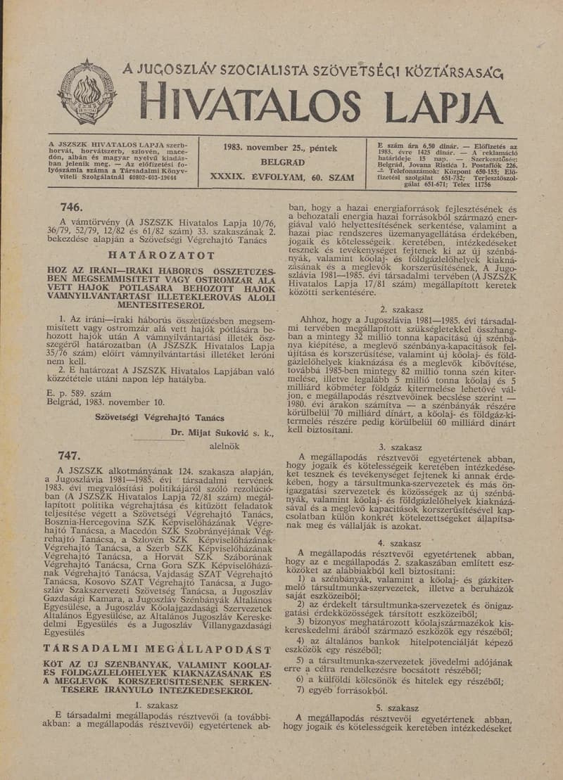 A Jugoszláv Szocialista Szövetségi Köztársaság Hivatalos Lapja, 39. évf. 1983. november 25. 60. sz. 1665–1672. oldal