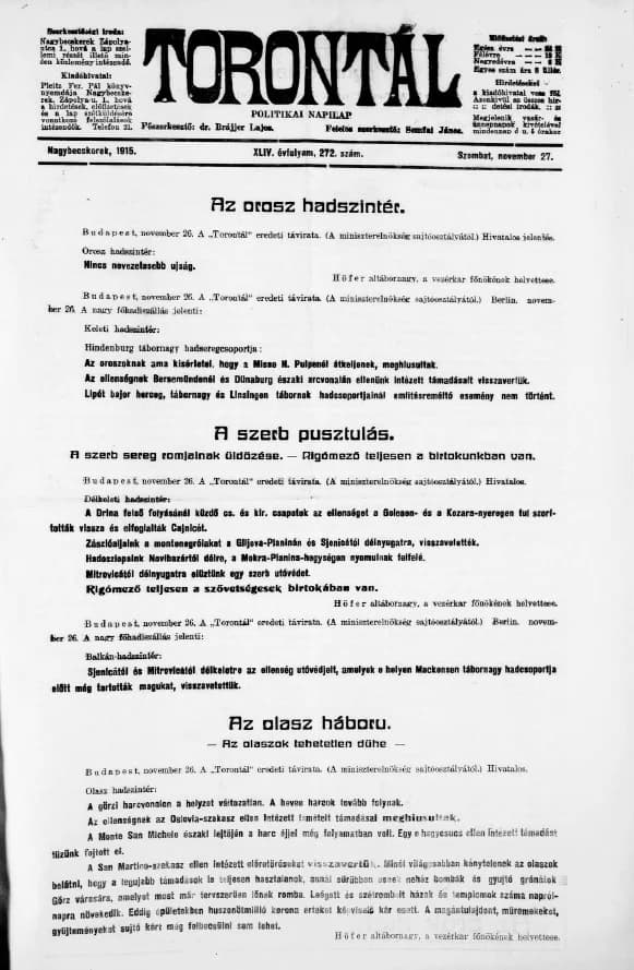 Torontál, 44. évf. 1915. november 27. 272. sz.