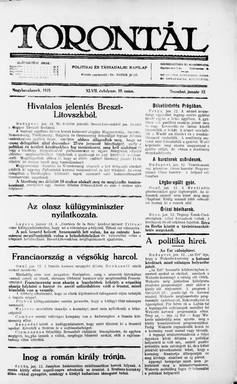 Torontál, 47. évf. 1918. január 12. 10. sz.