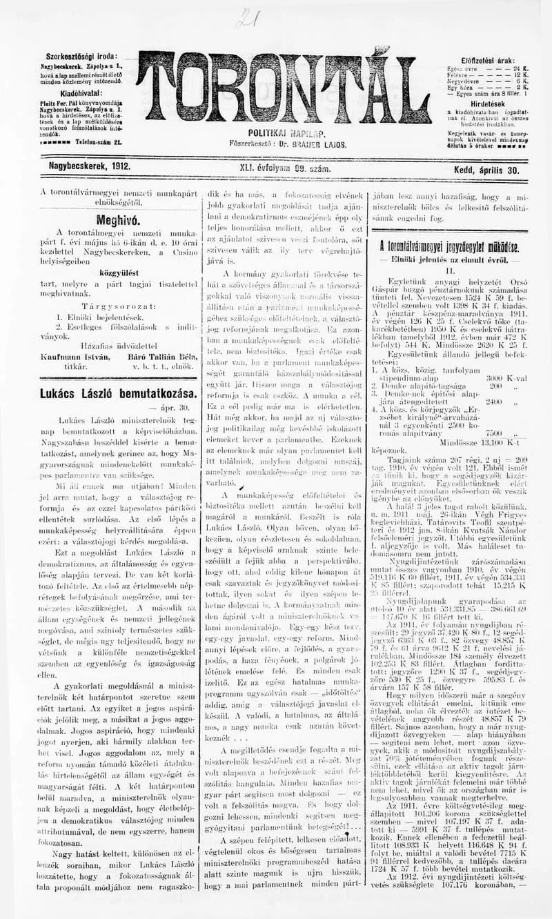 Torontál, 41. évf. 1912. április 30. 99. sz.