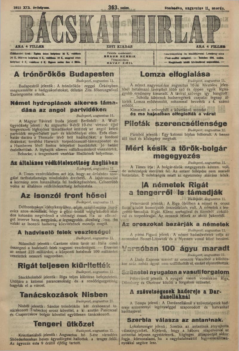 Bácskai Hirlap, 19. évf. 1915. augusztus 11. 363. sz.