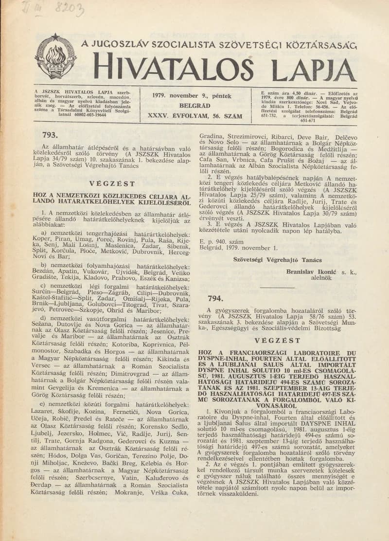 A Jugoszláv Szocialista Szövetségi Köztársaság Hivatalos Lapja, 35. évf. 1979. november 9. 56. sz. 1737–1748. oldal
