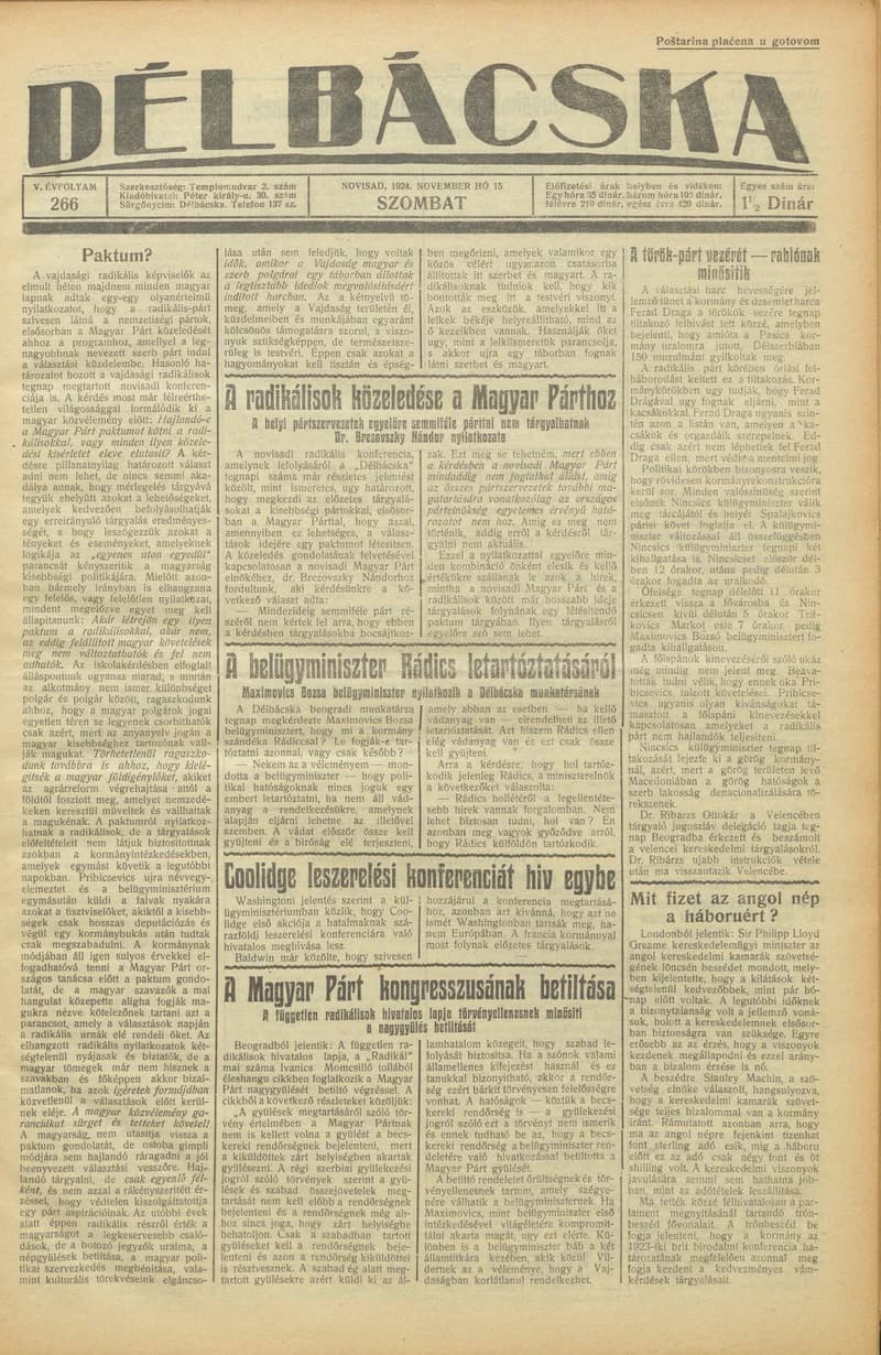 Délbácska, 5. évf. 1924. november 15. 266. sz.