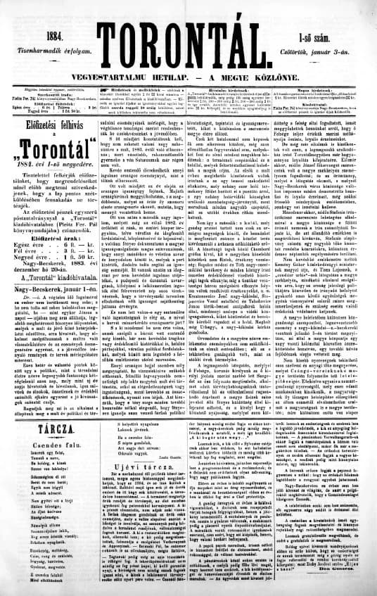 Torontál, 13. évf. 1884. január 3. 1. sz.