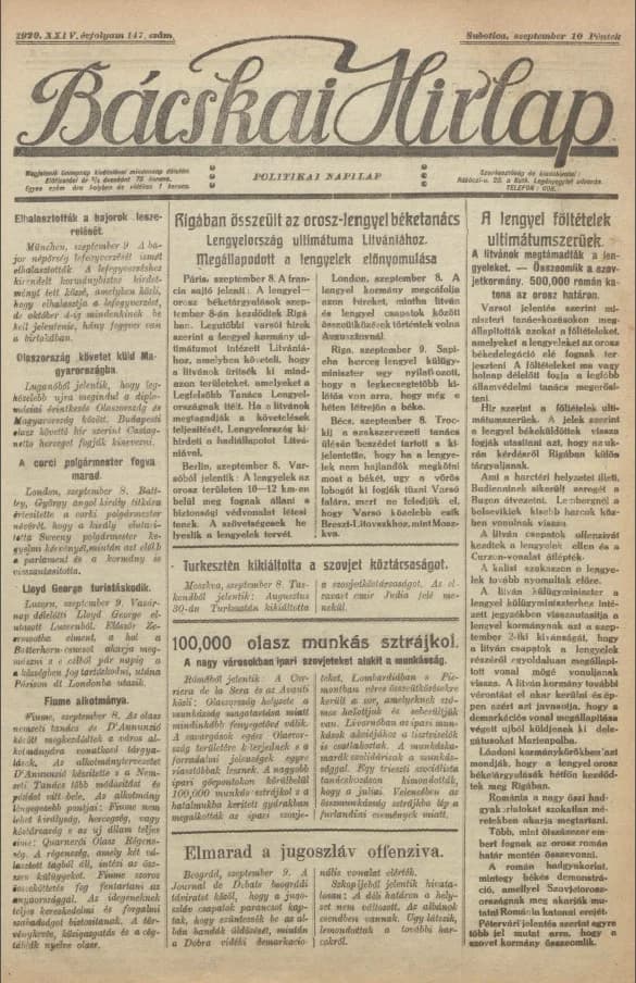 Bácskai Hirlap, 24. évf. 1920. szeptember 10. 147. sz.