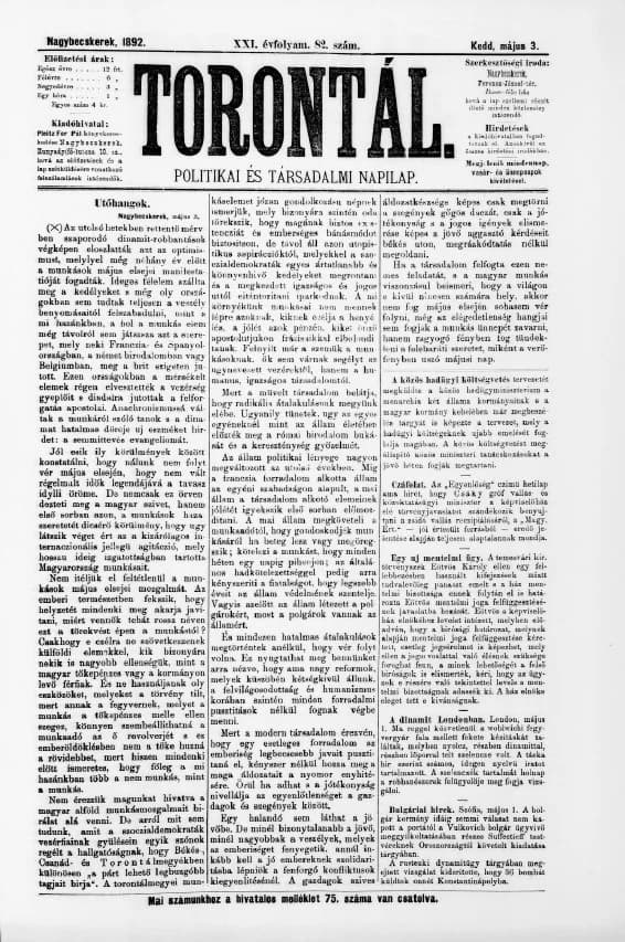 Torontál, 21. évf. 1892. május 3. 82. sz.