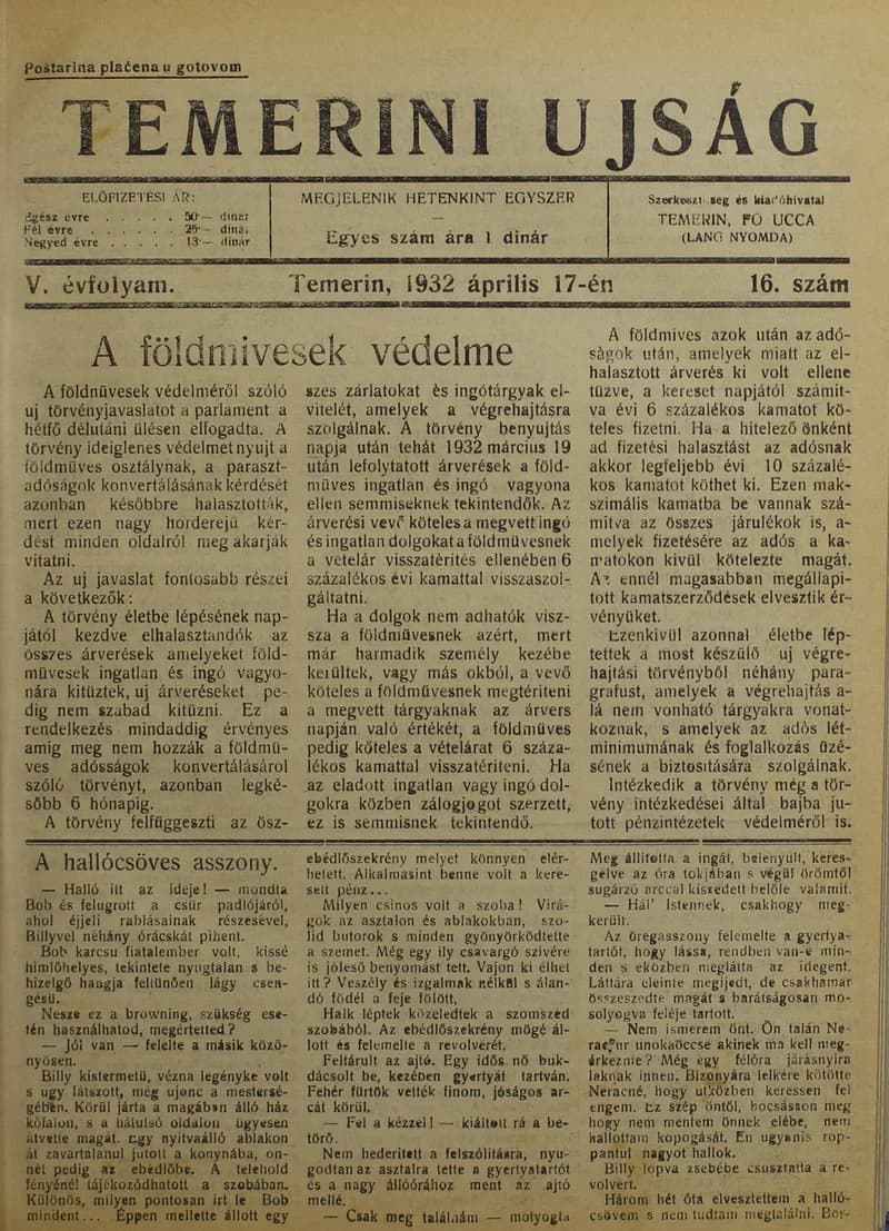 Temerini Újság 1928-1944, 5. évf. 1932. április 17. 16. sz.