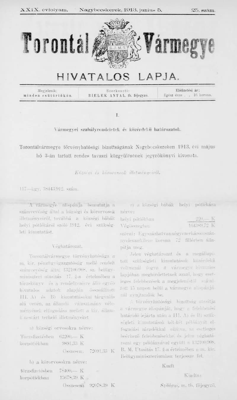 Torontál Vármegye Hivatalos Lapja, 29. évf. 1913. június 5. 25. sz.