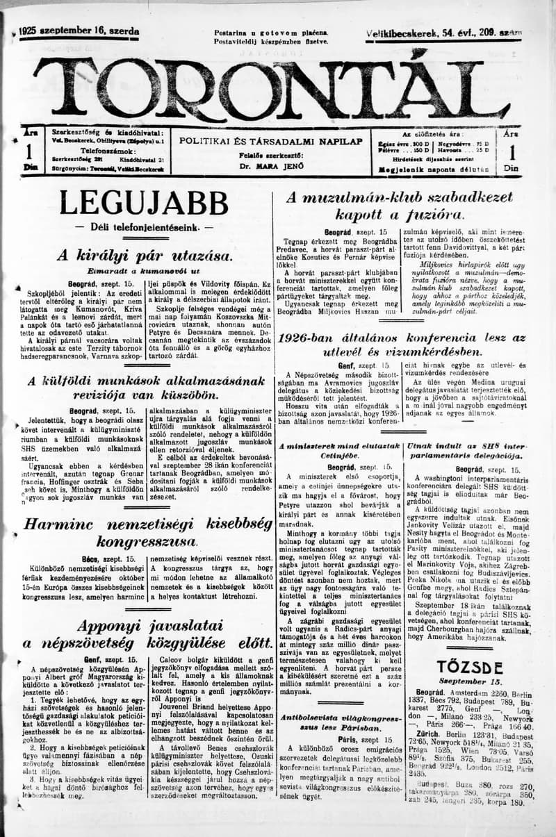 Torontál, 54. évf. 1925. szeptember 16. 209. sz.
