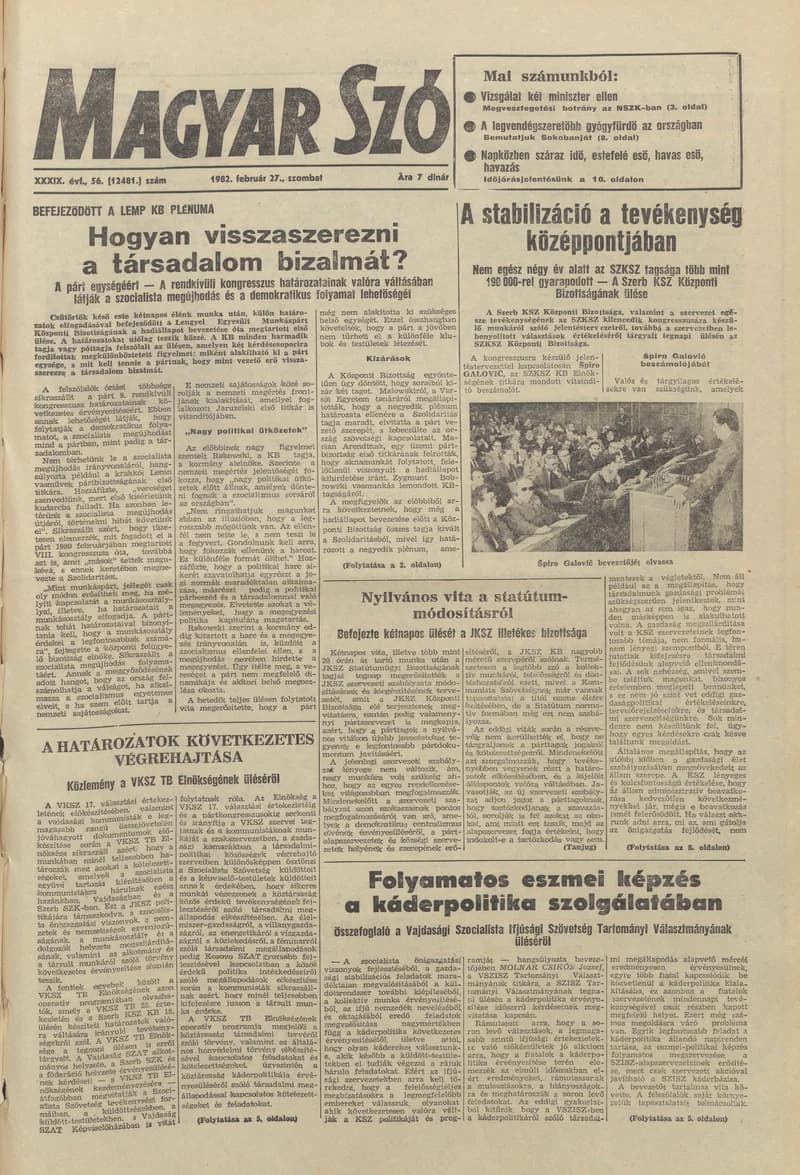 Magyar Szó, 39. évf. 1982. február 27. 56. sz. 1–20. oldal