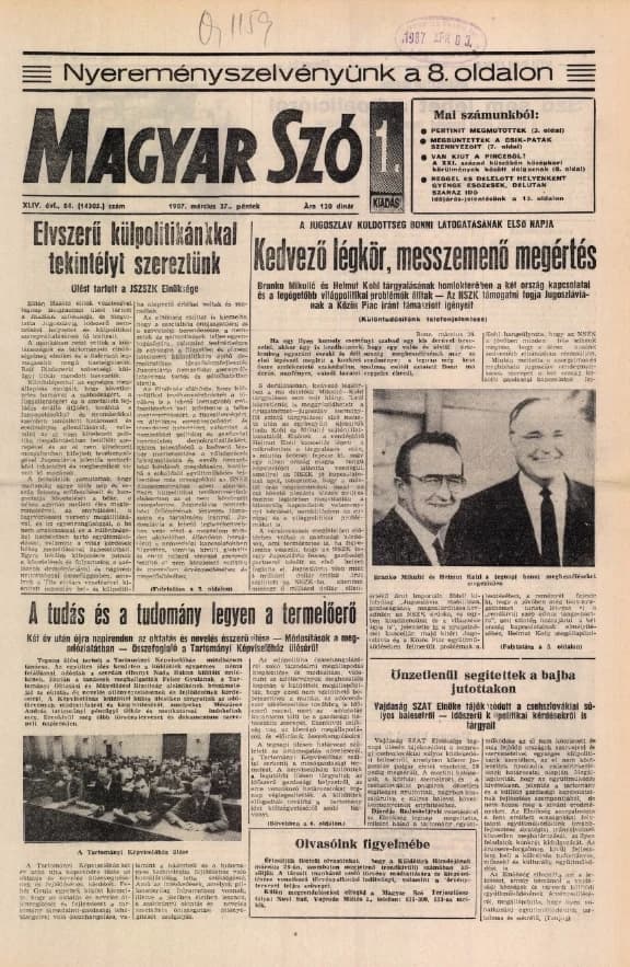 Magyar Szó, 44. évf. 1987. március 27. 84. sz. 1–16. oldal
