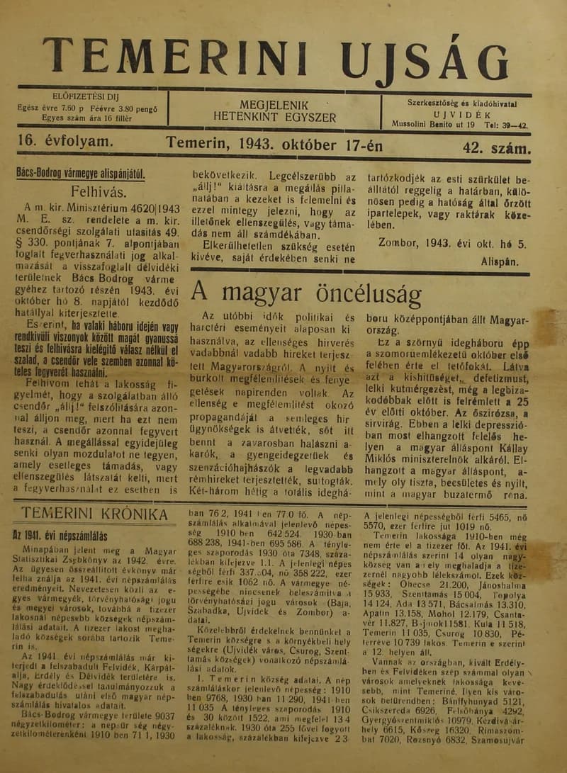 Temerini Újság 1928-1944, 16. évf. 1943. október 17. 42. sz.