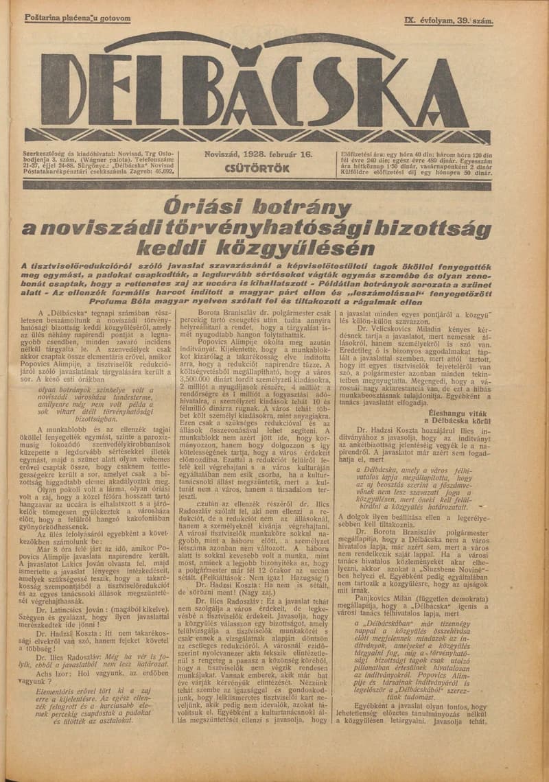 Délbácska, 9. évf. 1928. február 16. 39. sz.