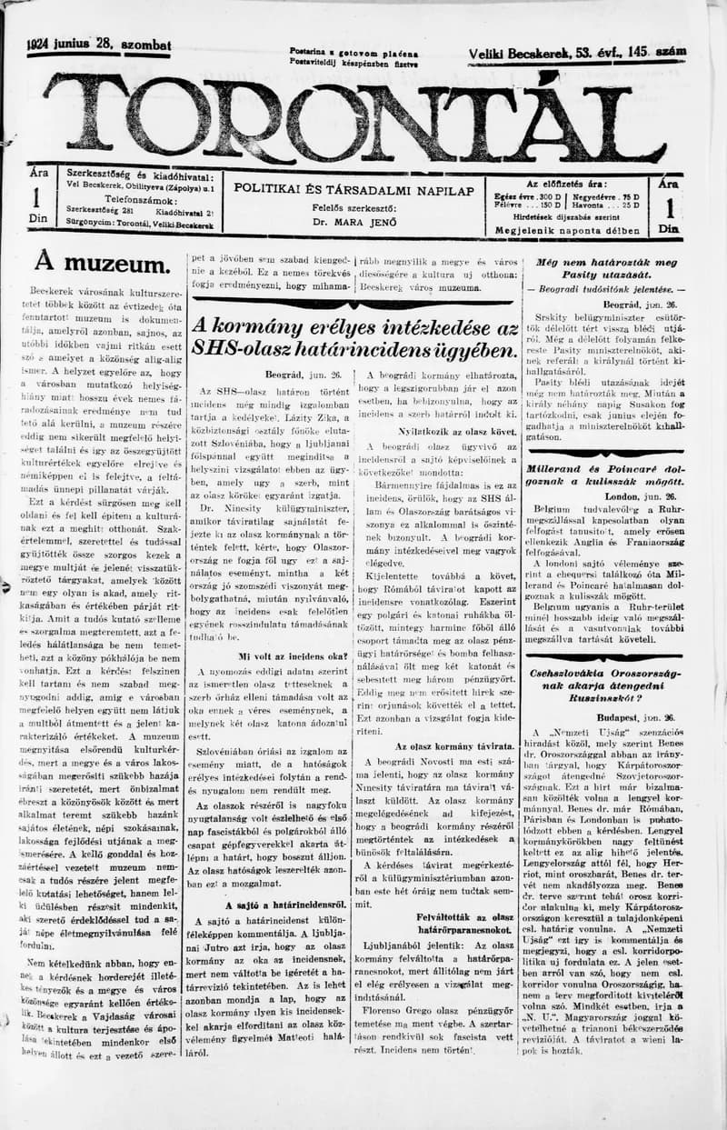 Torontál, 53. évf. 1924. június 28. 145. sz.