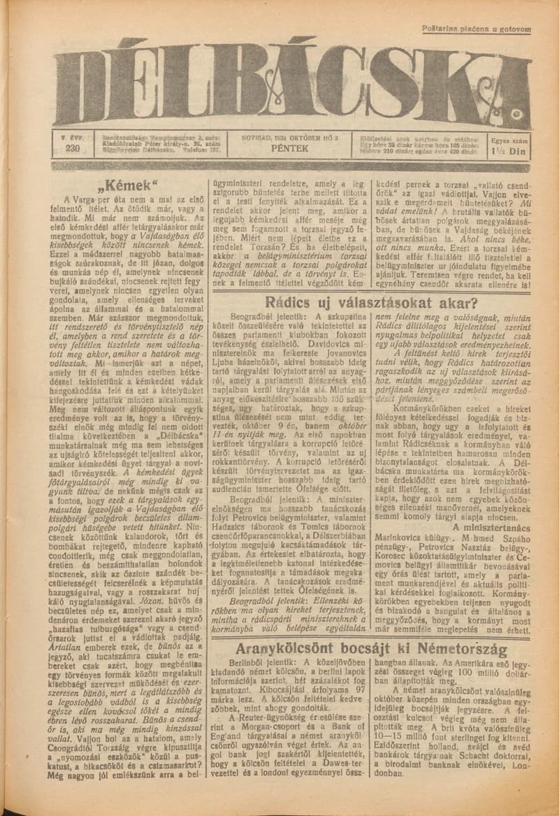 Délbácska, 5. évf. 1924. október 3. 230. sz.