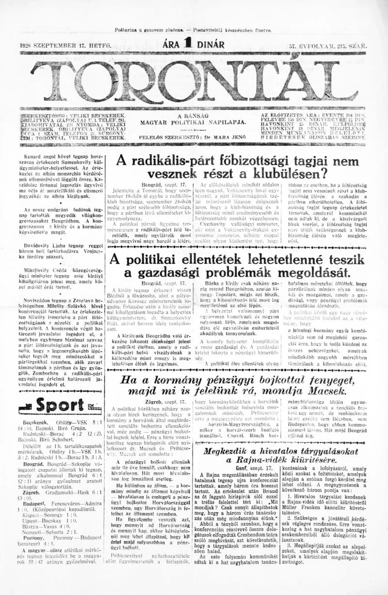 Torontál, 57. évf. 1928. szeptember 17. 215. sz.