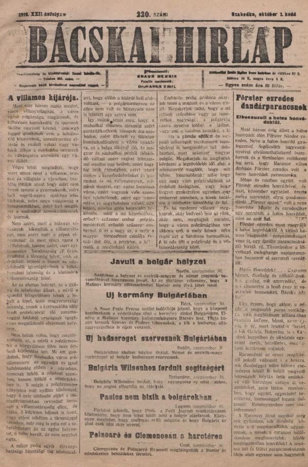 Bácskai Hirlap, 22. évf. 1918. október 1. 220. sz.
