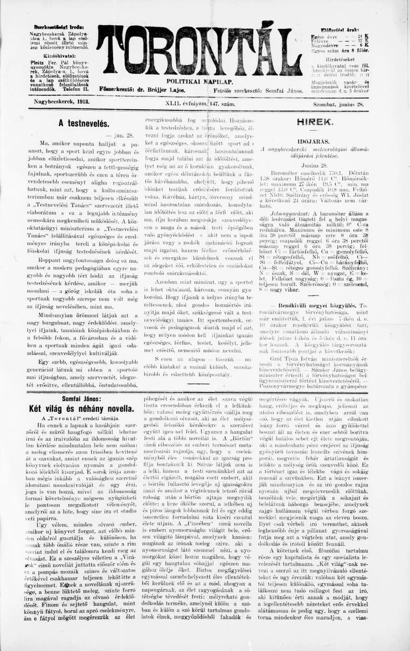 Torontál, 42. évf. 1913. június 28. 147. sz.