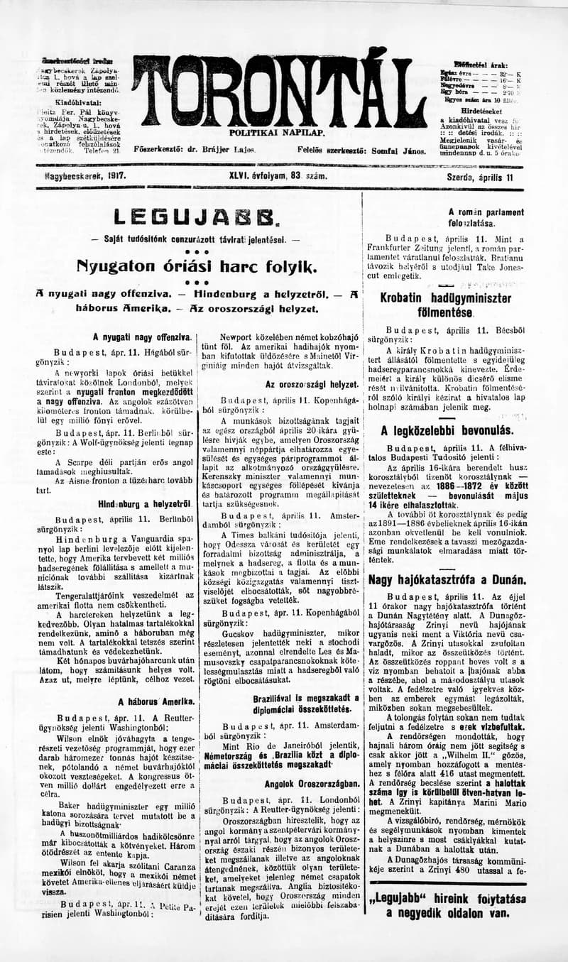 Torontál, 46. évf. 1917. április 11. 83. sz.