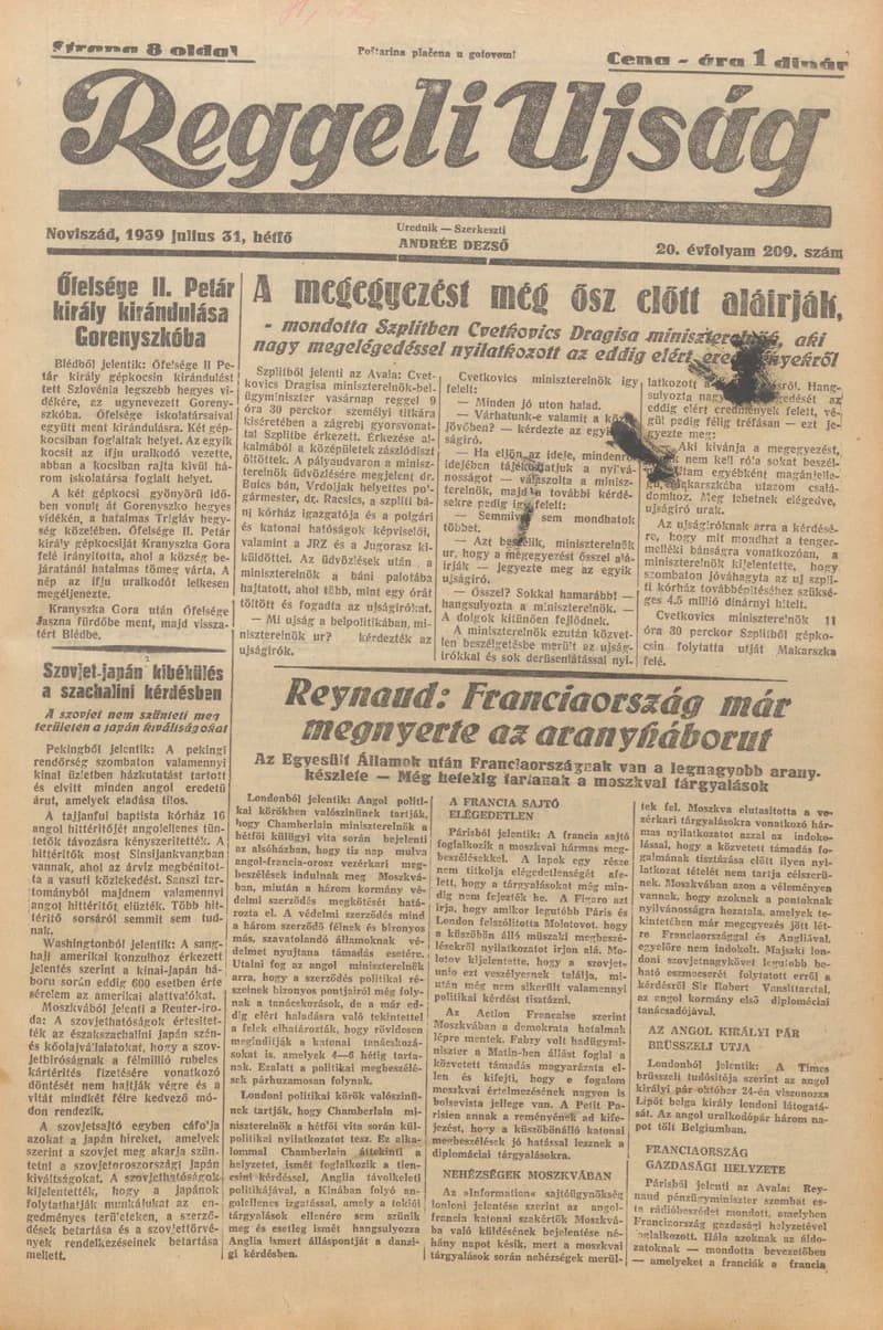 Reggeli Újság, 20. évf. 1939. július 31. 209. sz.
