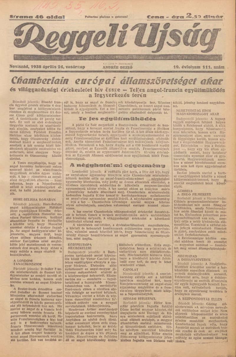 Reggeli Újság, 19. évf. 1938. április 24. 111. sz.