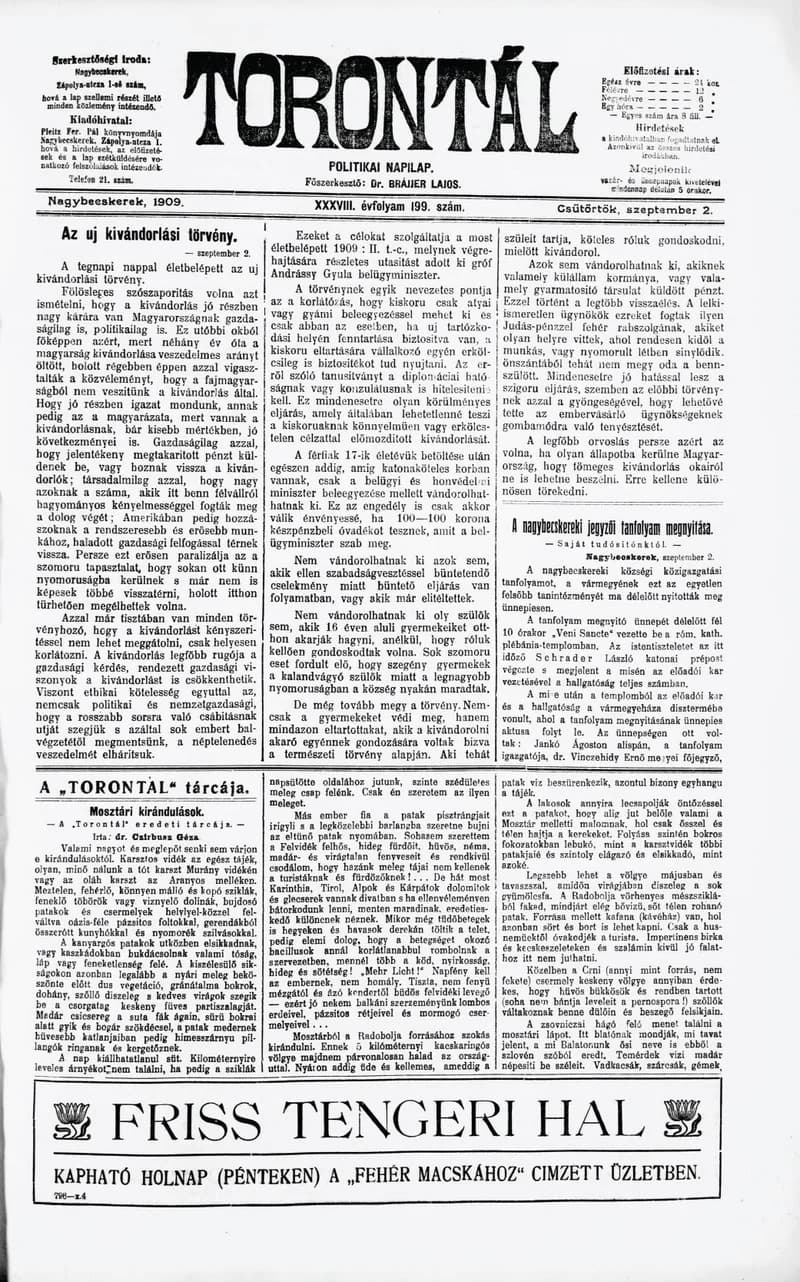 Torontál, 38. évf. 1909. szeptember 2. 199. sz.