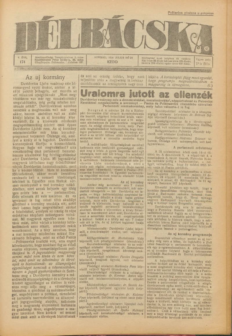 Délbácska, 5. évf. 1924. július 29. 174. sz.