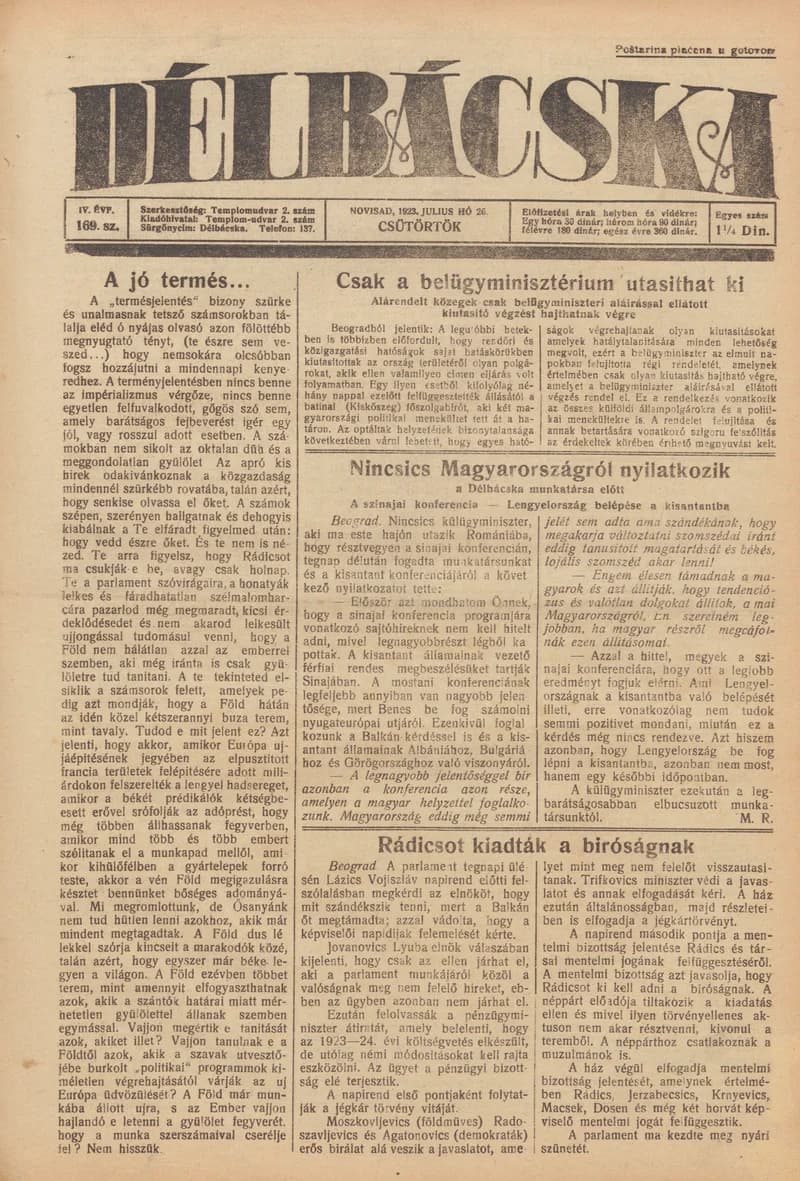Délbácska, 4. évf. 1923. július 26. 169. sz.